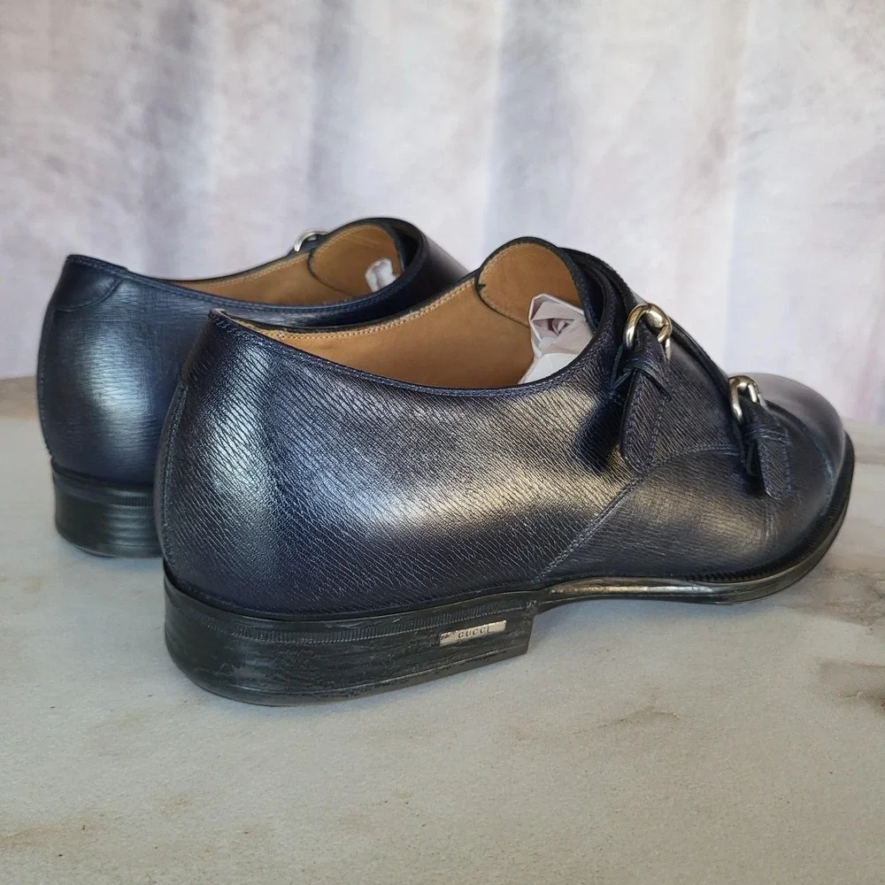 Gucci Monk Strap Shoes Mens US Size 11 Blue Leather Double Buckle Dress 322478